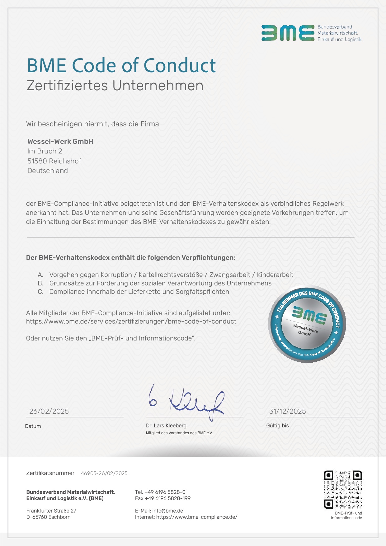 2025 BME CoC Zertifikat Wessel Werk DE
